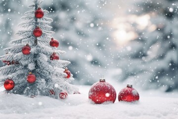 Naklejka na ściany i meble Christmas balls and trees in the snow illustration.