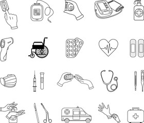 Set of Medical Items for Coloring Pages. Syringe, Test Tube, Tonometer, Medical Mask, Thermometers, Tablets, Antiseptic, Glucometer, Pulse Oximeter, Wheelchair, and Others. Vector illustration