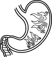 Gastritis of the Stomach for Coloring Pages. Heartburn concept. Vector Illustration of a Human Stomach on Fire. Anatomy and Medicine