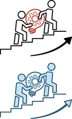 Teamwork Icons. Vector Illustration of People Carrying a Light Bulb Up the Stairs. Business and Creativity