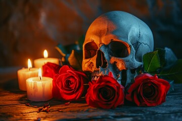 Symbolic romance Red roses, skull, and candlelight on rustic wood