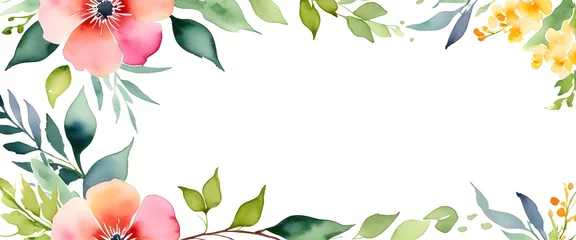 Fotobehang White background with border of flowers and leaves drawn in watercolor style. flower illustration. With space to write copyright. © feelsogood