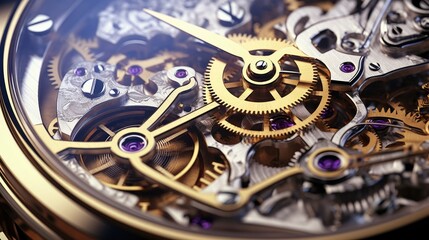 Close up of detailed gear and cogs moving inside of watch and clock engine. Wrist watch work mechanism.