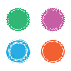 Set of vector starburst, sunburst badges. Different color. Simple flat style Vintage labels. Colored stickers. 66.11.