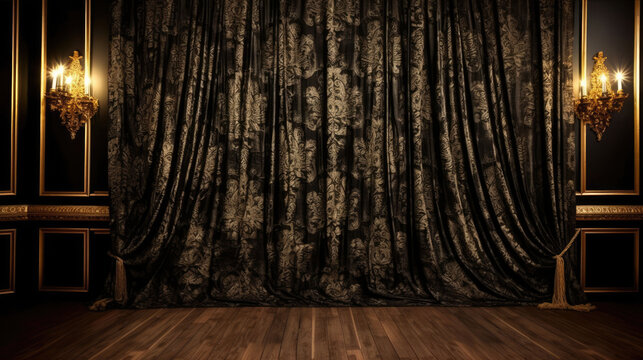 Dark theme photography studio backdrop with vintage chair and sofa, perfect for professional portrait and product shoots.