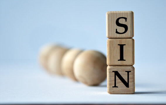 SIN - acronym on a wooden block on a white background with wooden balls