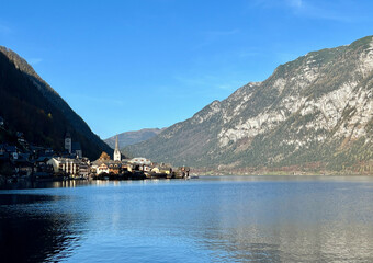 The famous village of Hallstatt across the lake viewing from the Hallstatt Skywalk island, Hallstatt, Austria.