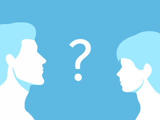 Profile portrait of a man and a boy looking at each other. Question mark in between. Dad and son. Family problem moment, single parent different generations issues. Blue backdrop.