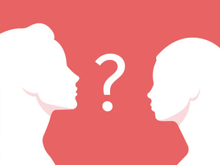 Side view portrait of a woman and girl gazing at each other. Question mark in between. Mom and daughter. Family problems, single parent and different generations issues. Pink backdrop.