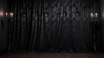 Dark theme photography studio backdrop with vintage chair and sofa, perfect for professional portrait and product shoots.