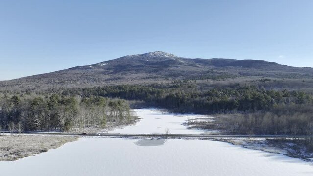Aerial view of Mt. Monadnock from Troy, NH on a sunny winter day with fresh snow