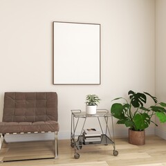interior mockup with frame on white wall, retro living room. empty poster with Barcelona armchair. 3D illustration