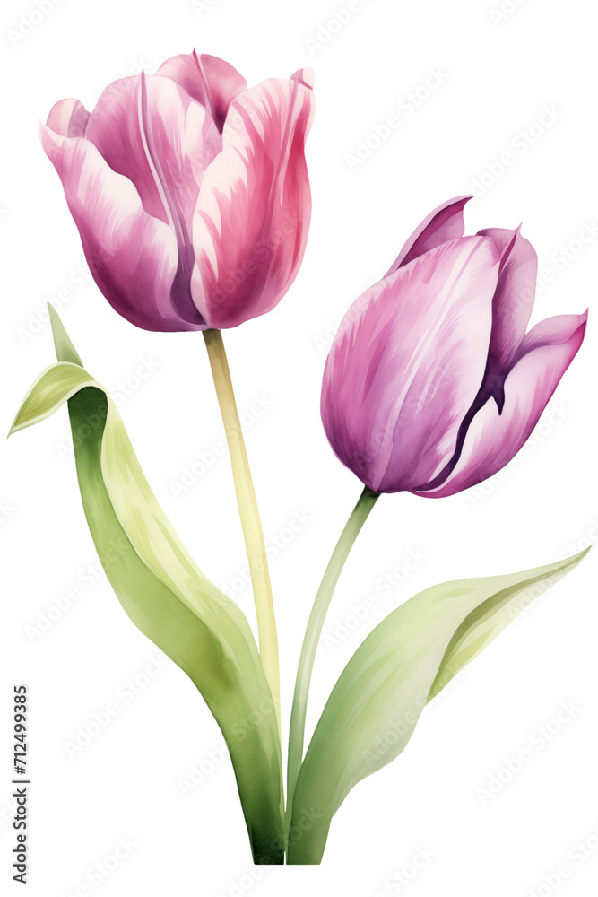 Wall mural two watercolor tulips. vibrant floral arrangement isolated botanical illustration. blossom tulip flo