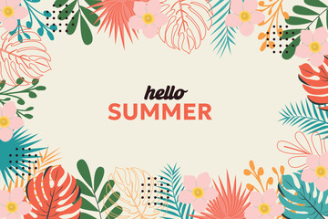Obraz premium Summer abstract background, banner, poster with tropical leaves. Colorful background with tropical plants and flowers. Modern trendy colorful design. Vector template for social media posts.