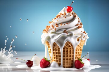 soft serve ice cream cone nut and cherry topping with copy space - obrazy, fototapety, plakaty