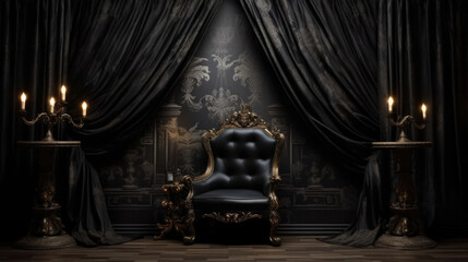 Dark theme photography studio backdrop with vintage chair and sofa, perfect for professional portrait and product shoots.