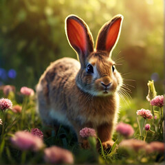 Fototapeta na wymiar Cute rabbit on green lawn with daisies at sunset bunny on walk