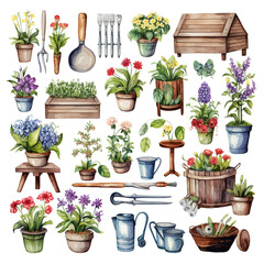 Watercolor Clipart of garden element and equipment