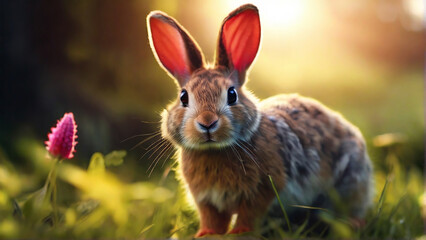 Fototapeta premium Cute rabbit on green lawn with daisies at sunset bunny on walk