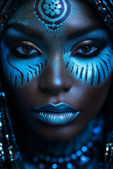 Mode und Hoher Kontrast, Gesicht einer afrikanischen Frau, gletscherblaue Augen, schillerndes, starkes Make-up, Wimpern, fraktale Muster, sorgfältige Details, dramatische Beleuchtung © GreenOptix