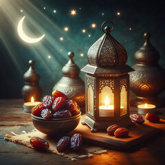 Ramadan Kareem greeting card with Ramadan food Arabian lamp and dates fruit lamp Ai generative.