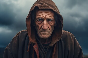 Potrait of old poor homeless man wear grungy hoodie with bokeh background. Social poverty problem concept.