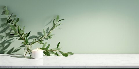 White marble counter table top with green tree branches and leaf shadows on a green wall, ideal for displaying cosmetic and skincare products.