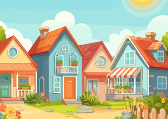 Obraz na płótnie Canvas Cartoon vector drawing. Dollhouse, Summer day small colored houses on the street of a small town.