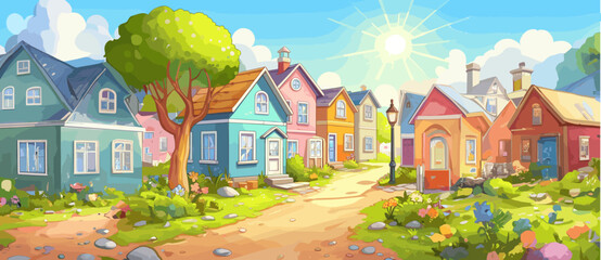 Cartoon vector drawing. Panorama, Summer day small colored houses on the street of a small town.