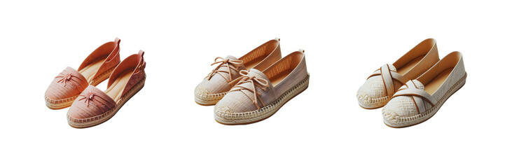 Collection Set of Women's Espadrille Flats, illustration, isolated over on transparent white background.