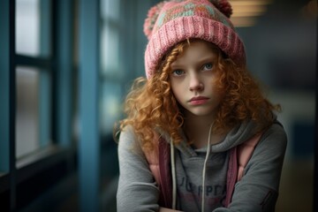 Portrait of a red-haired girl in a knitted hat.