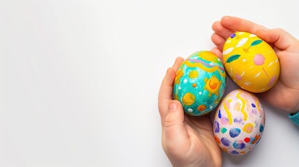 Fototapeta na wymiar Kid hands holding painting Easter eggs. Hand with egg isolated on white background. Easter holiday concept. Close up, selective focus