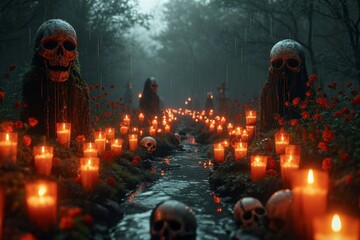 Spooky spectacle Skulls and candles create an ominous forest scene - obrazy, fototapety, plakaty
