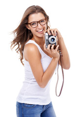 Photography, portrait or happy woman with retro camera in studio for media production, content...
