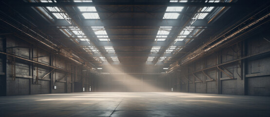 A vast, empty warehouse is bathed in ethereal light, its silent expanse a canvas for potential and new beginnings
