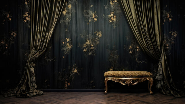 Dark theme photography studio backdrop with vintage chair and sofa, perfect for professional portrait and product shoots.