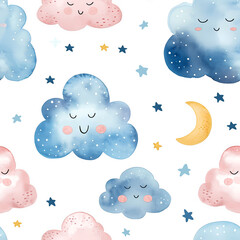 Fototapeta na wymiar Cute clouds, stars and moon watercolor pattern. Print for fabric, textile, paper. 