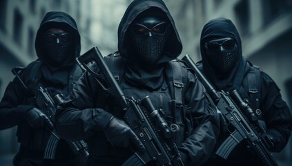 Elite secret military special forces soldier wear full helmet, black mask, and gun weapon.