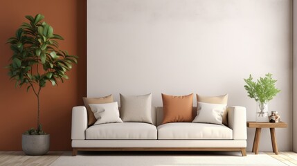A coastal cozy living room with soft white sofa. Living room home interior design with soft beige wall background.