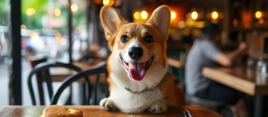 Corgi eagerly waits in dog-friendly restaurant, tongue out, anticipating food.