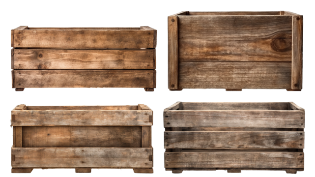 Set of old weathered wooden crate boxes, cut out