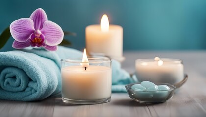 Fototapeta na wymiar Spa salon light blue composition in wellness center. Spa still life background with aromatic candle