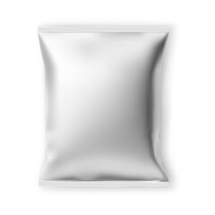 Potato chips foil packaging mockup. Chip snack pouch design, isolated on white background. Elegant silver sachet template for tasty appetizing slice, creative 3d package design