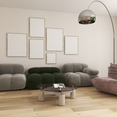 six gallery wall art set mockup in colorful living room. 6 empty posters, retro design. 3D illustration