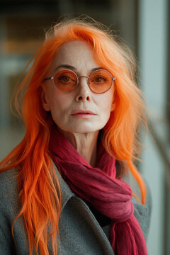 Portrait of a sixty year old woman looking at camera with orange painted hair and modern glasses dressed in elegant and modern