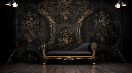 Dark theme photography studio backdrop with vintage chair and sofa, perfect for professional portrait and product shoots.