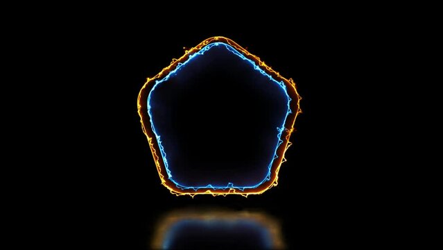 Glowing looping pentagonal neon frame effect, black background.