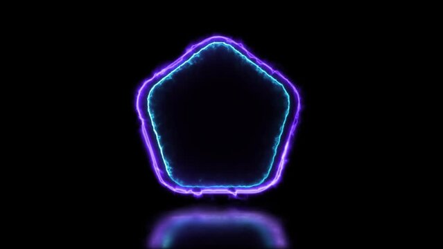 Glowing looping pentagonal neon frame effect, black background.