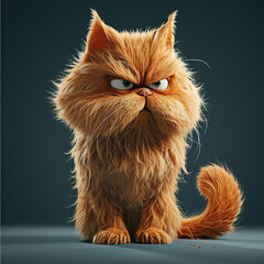 Angry and clumsy Persian cat in 3D cartoon style. Dark background. 