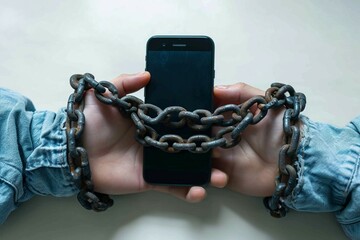 Photo Social media shackles Mobile phone symbolically chained to users hands - obrazy, fototapety, plakaty